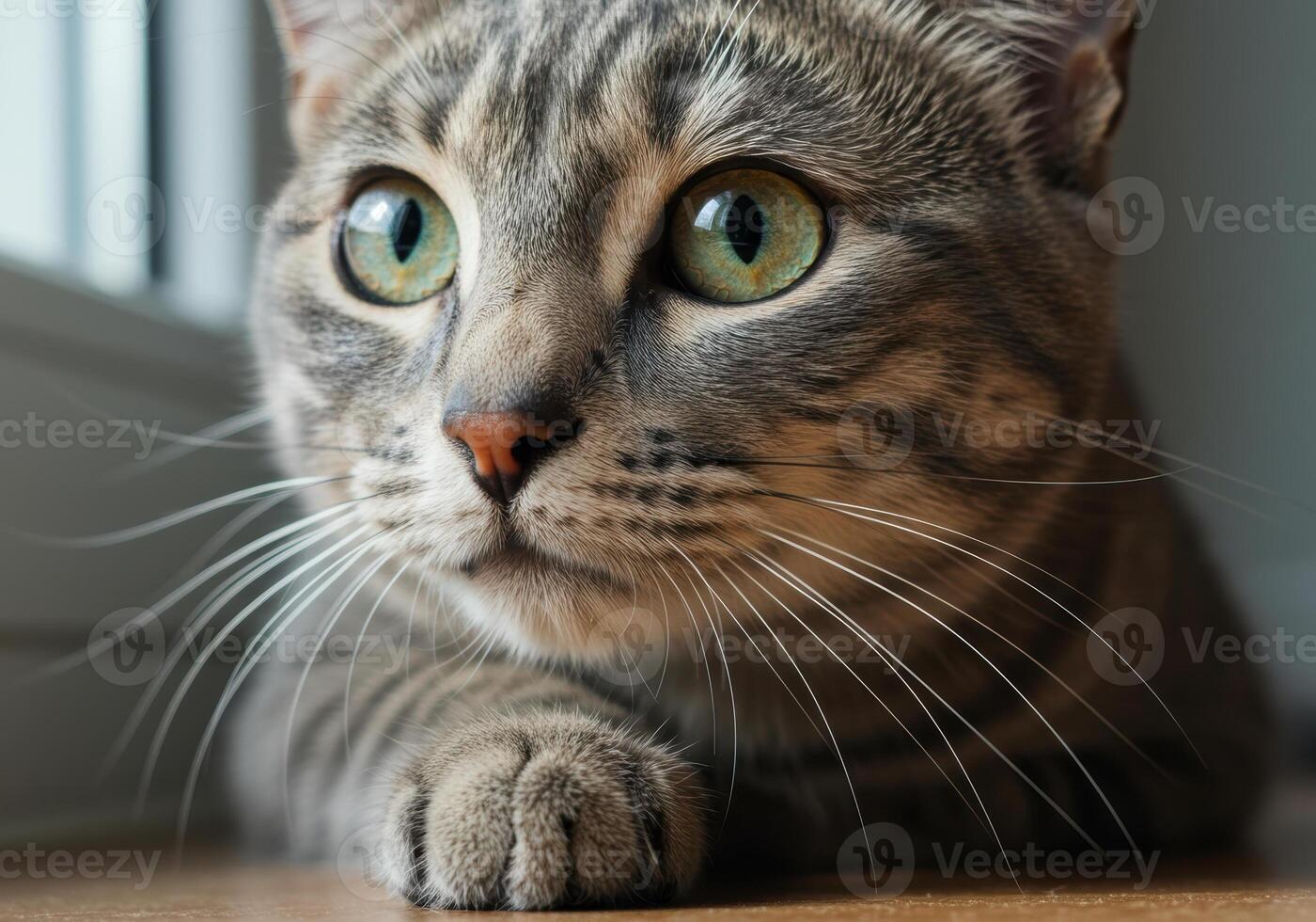 An eye-level, close up portrait of a domestic cat with captivating green eyes looking aside. photo