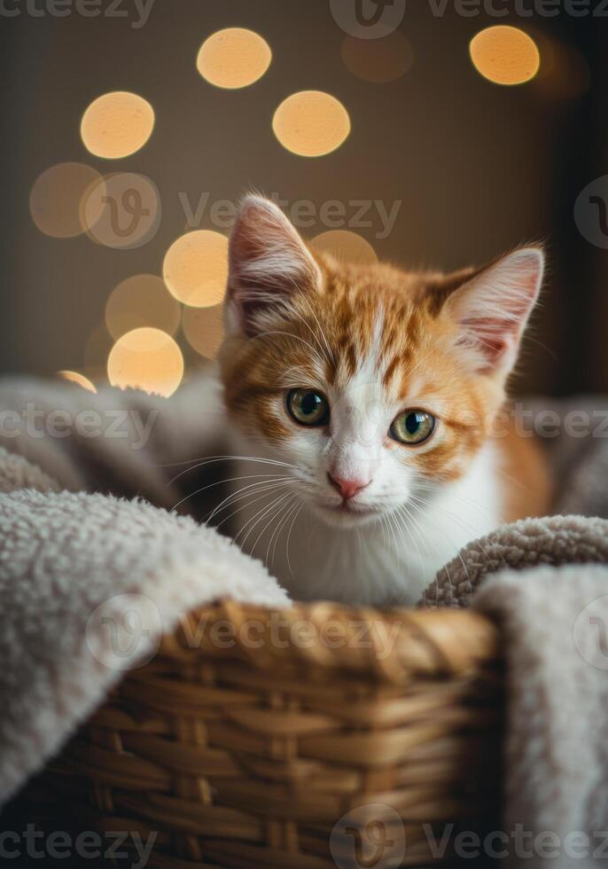 A curious ginger and white kitten gazes from inside a cozy basket, surrounded by bokeh. photo