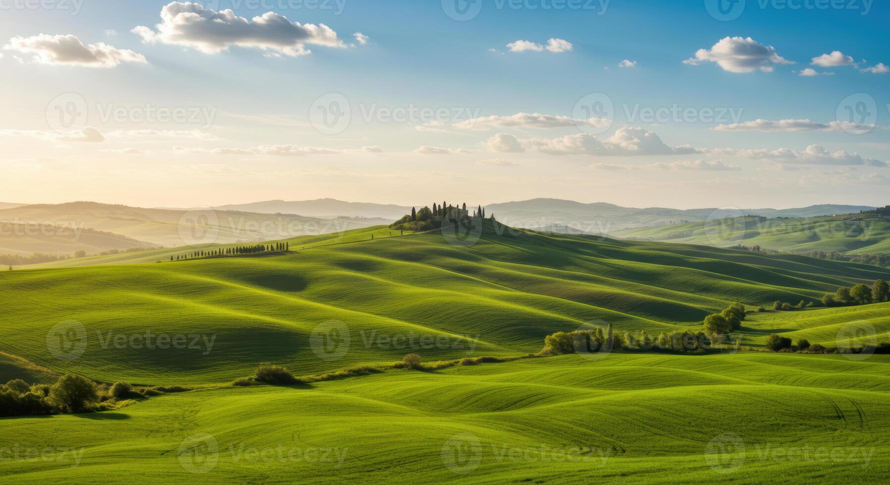 The vibrant green hills of Tuscany stretch under a beautiful blue sky during the day. photo