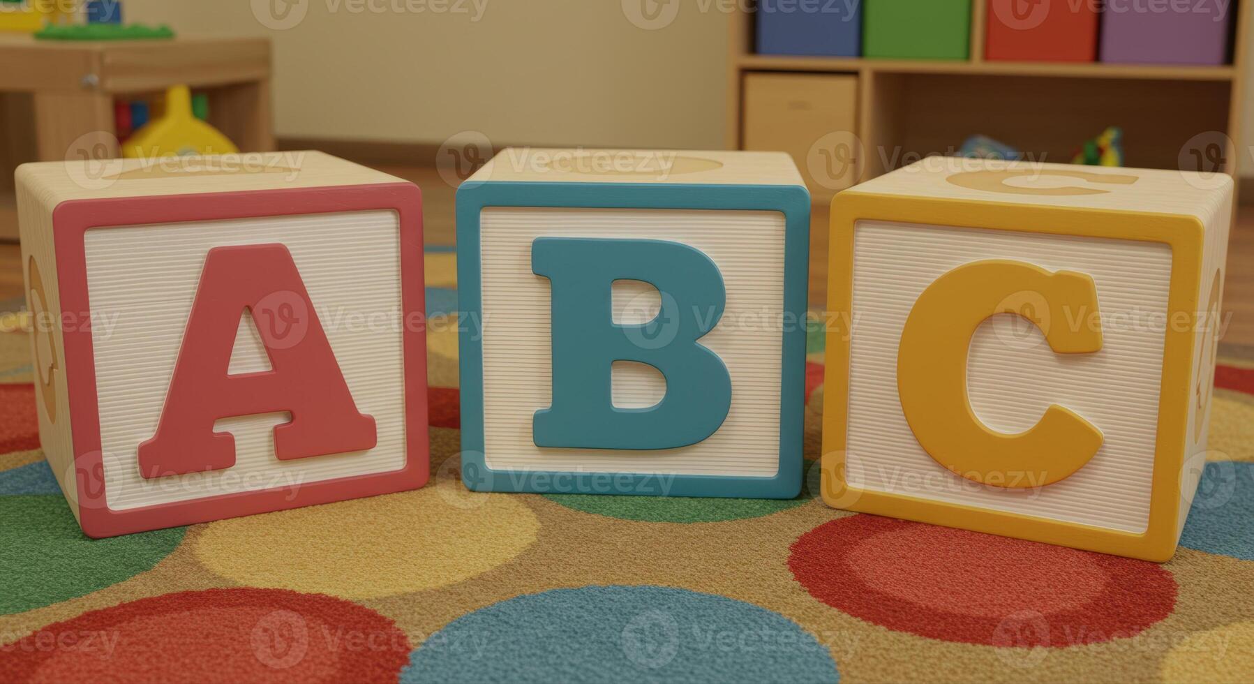 Three wooden blocks displaying the letters A, B, and C, promoting early literacy. photo