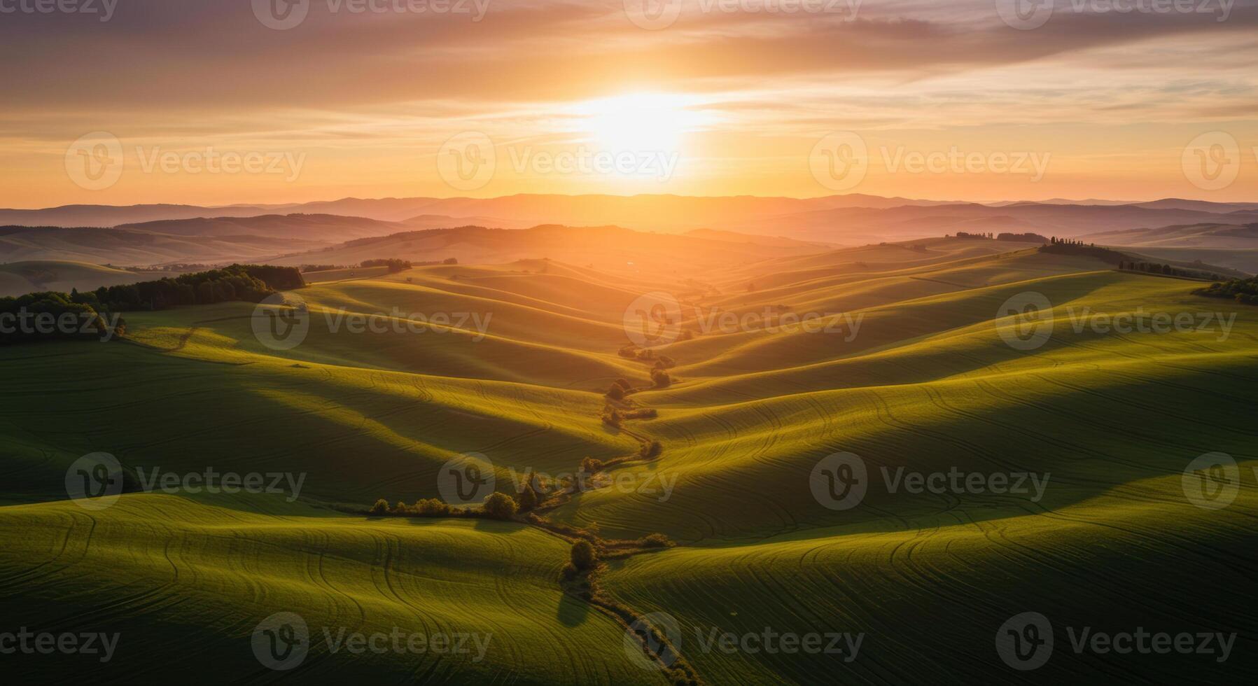 The setting sun casts a warm glow over the rolling green hills, creating a picturesque landscape. photo