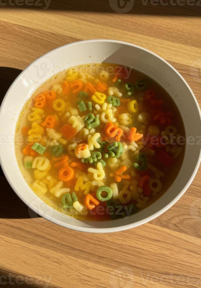 A vibrant bowl of alphabet soup filled with colorful letter-shaped pasta swimming in broth. photo