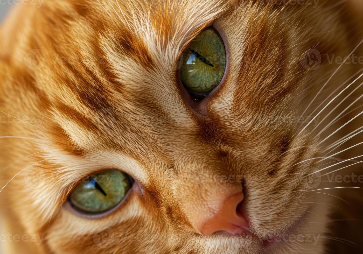 The mesmerizing gaze of a ginger cat with captivating green eyes, a close up view. photo