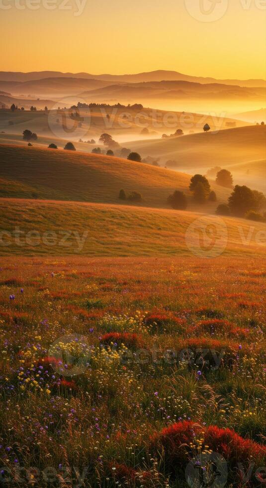 A captivating sunrise illuminates rolling hills with mist, creating a stunning landscape. photo