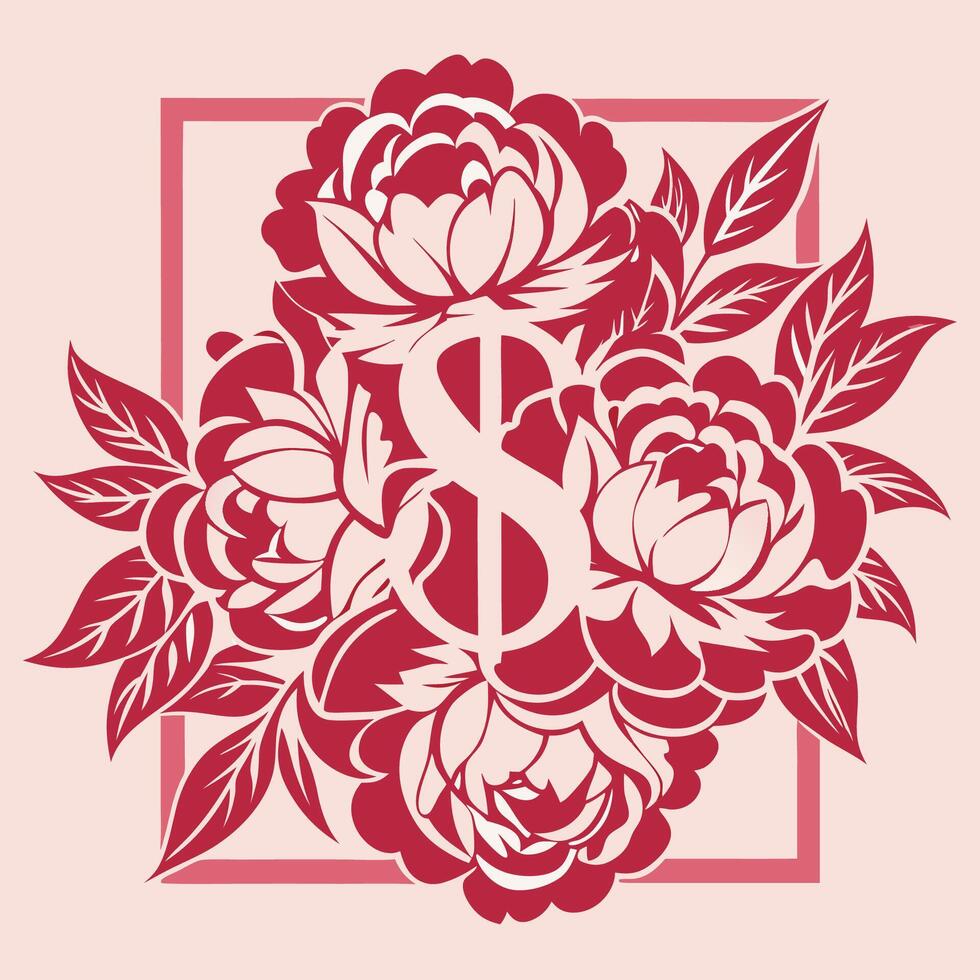 Delicate Cutout Flower Border with Split Monogram and Peony Flourishes vector