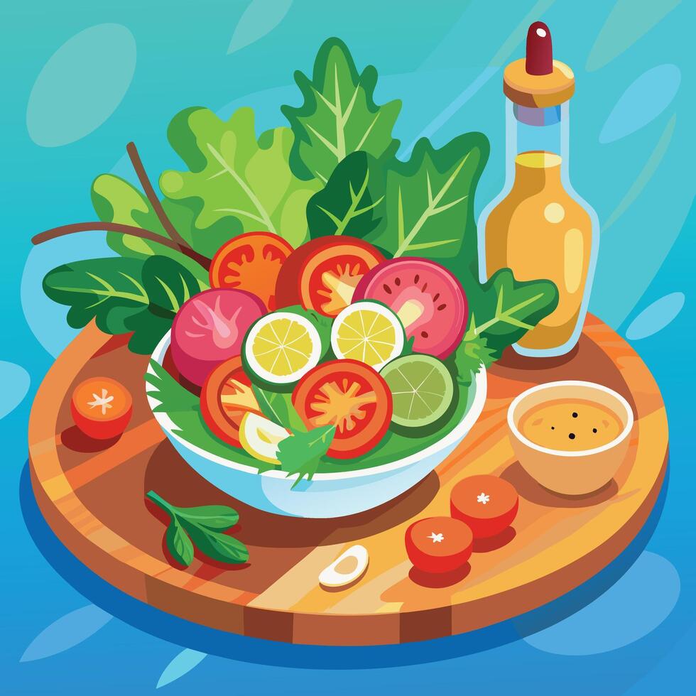 Vibrant and Refreshing Salad with Fresh Vegetables Drizzled Olive Oil and Rustic Wooden Bowl vector