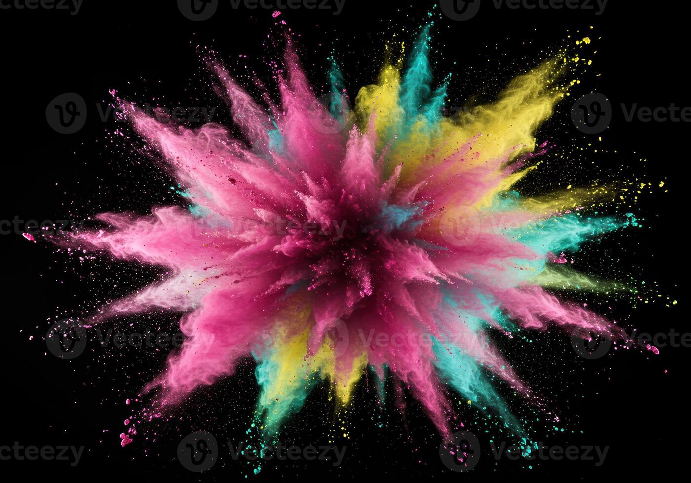 A mesmerizing display of a colorful powder explosion against a dramatic black backdrop. photo