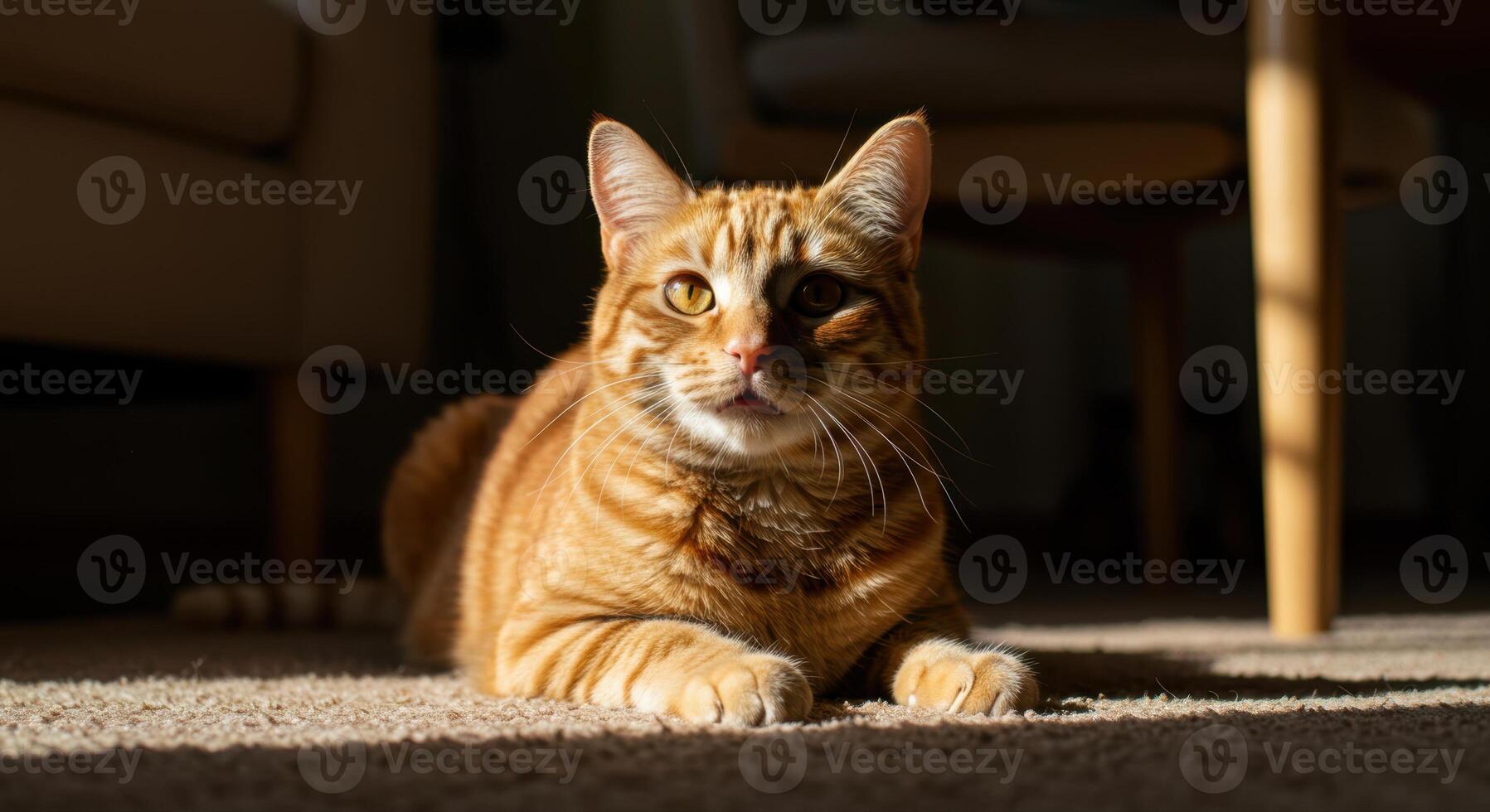 An orange tabby cat is lying on the carpet, illuminated by the sun's warm rays. photo