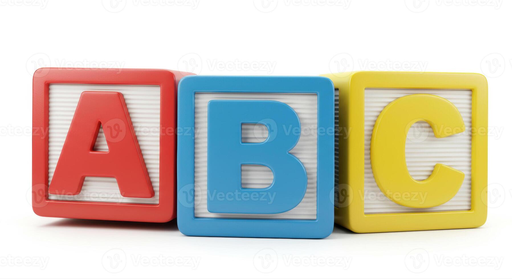 Three vibrant alphabet blocks forming 'abc' are isolated against a clean white backdrop. photo