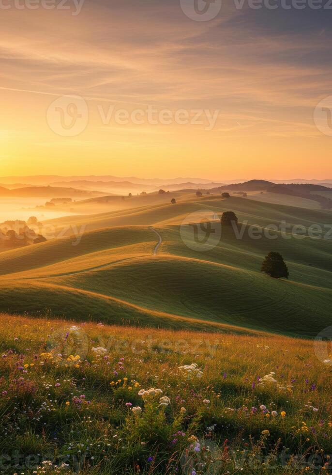 The soft morning sun bathes rolling green hills in a beautiful, golden light, creating a serene view. photo