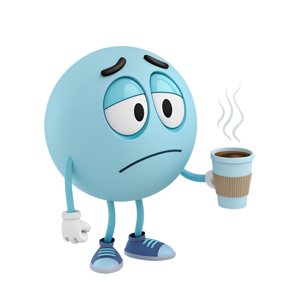 3D icon, Tired Emoticon with Drooping Eyes and Coffee Cup png