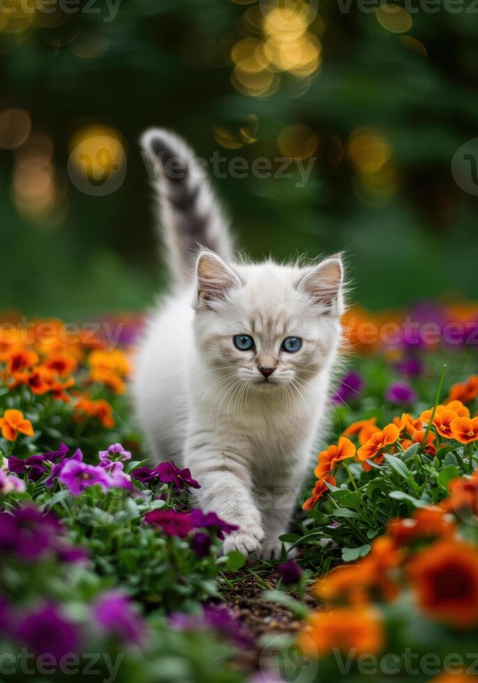A charming kitten strolls through a colorful bed of blooming flowers in a garden setting. photo