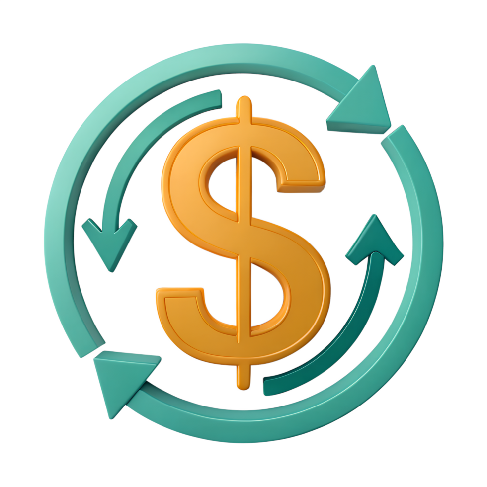 3D icon, A simple icon of a dollar sign surrounded by circular arrows, symbolizing currency exchange, business transactions, and financial movement png