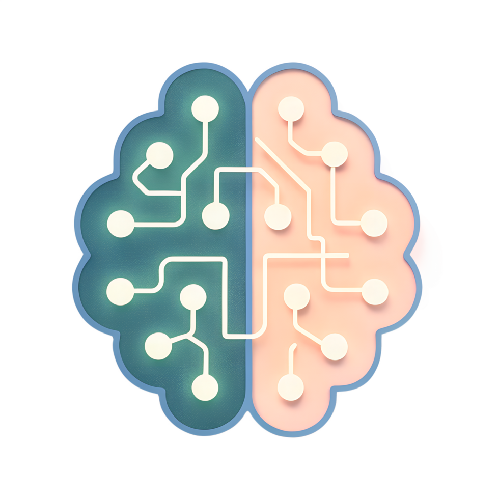 icon, AI Mind Matrix A soft-glowing pastel brain shape made of interconnected neon circuits. isolated on a transparent background png