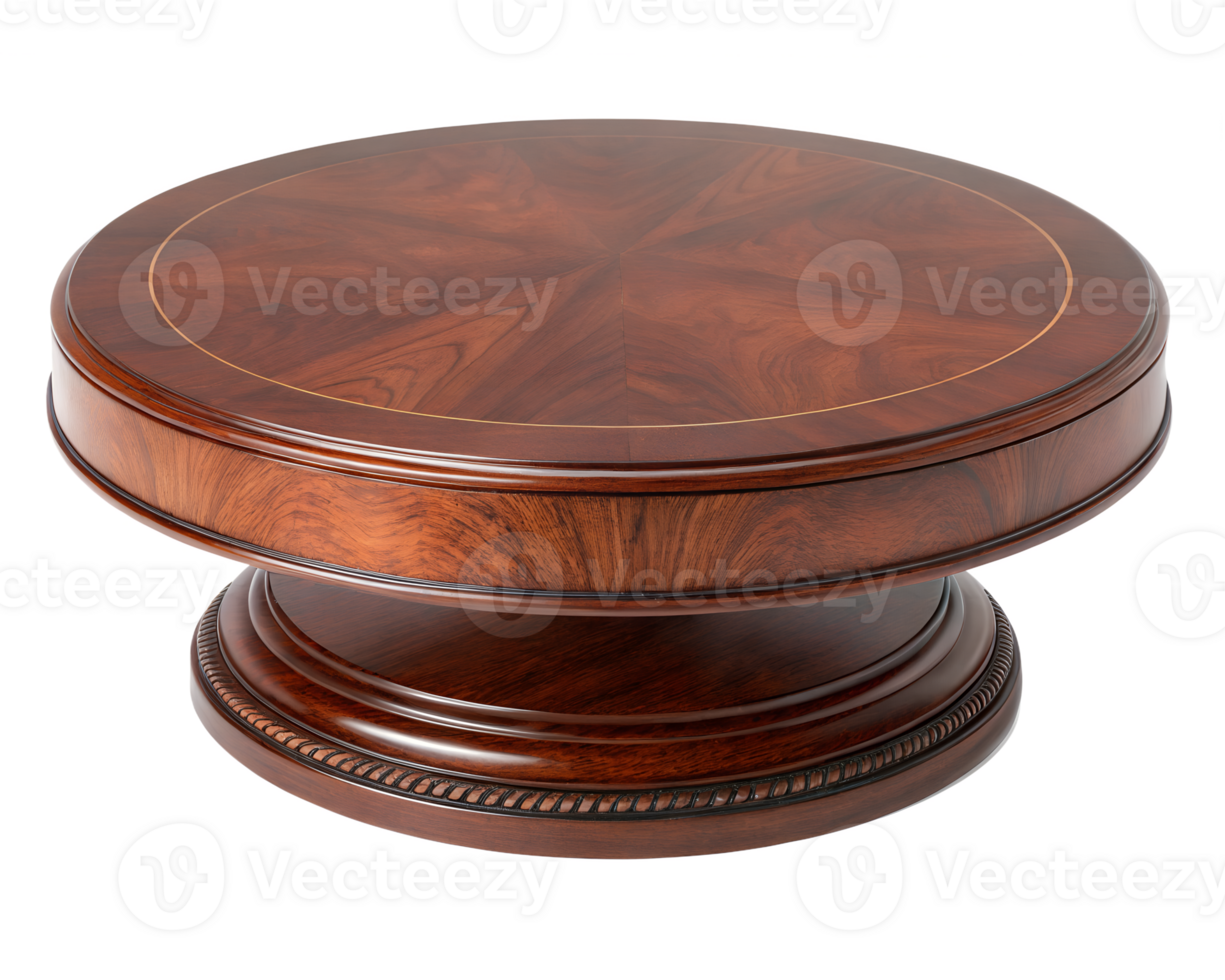 A deep mahogany wood circular platform, isolated on a transparent background png