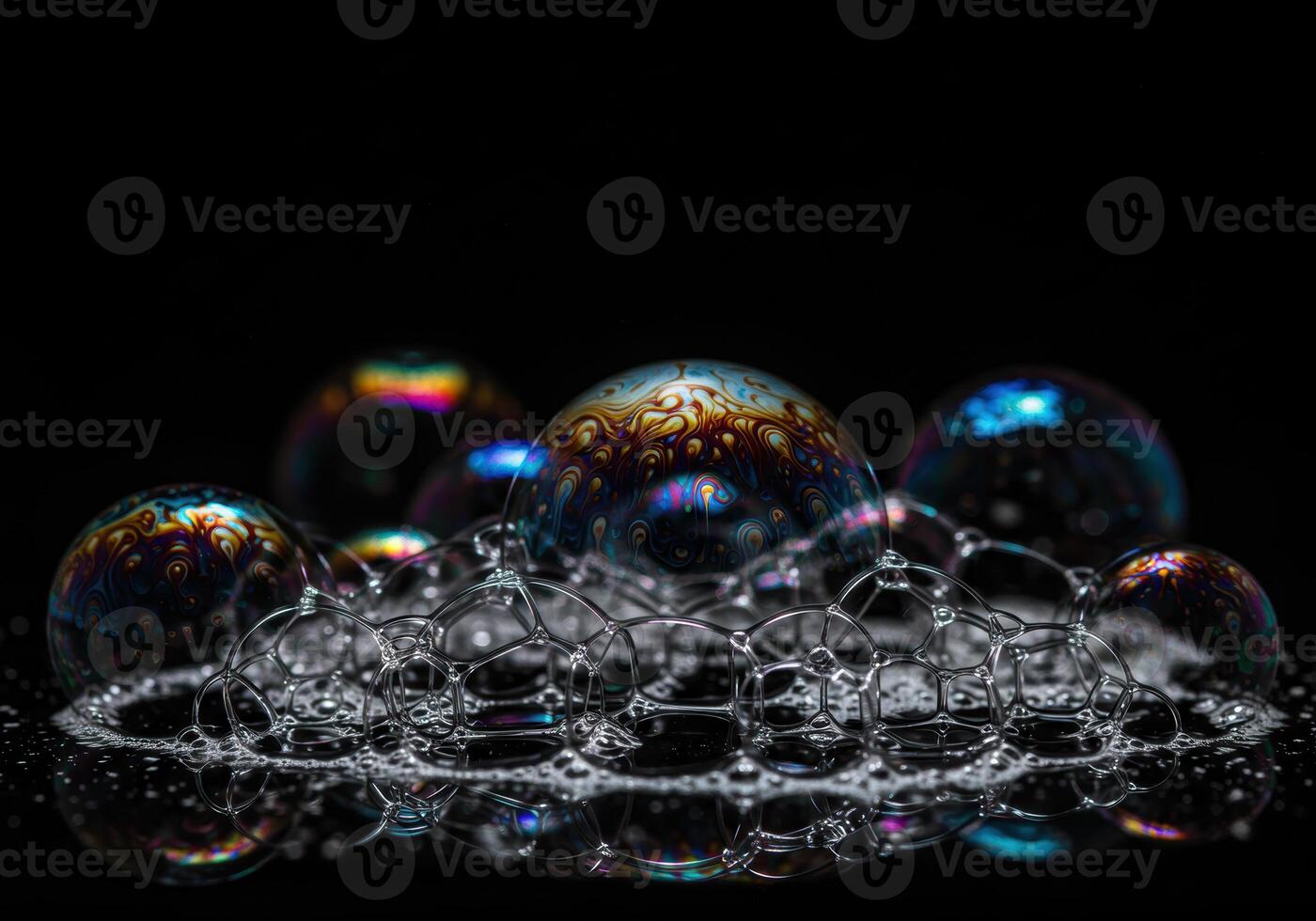 Intricate soap bubbles shimmer with iridescent colors against a contrasting black background. photo