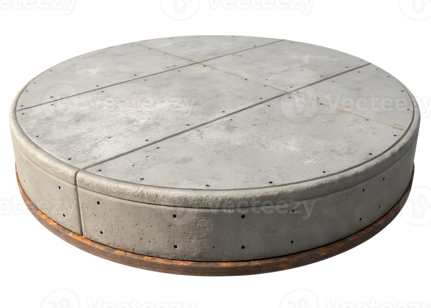 A concrete round platform with a rusty metal base, the top is divided into eight sections, isolated on transparent background png