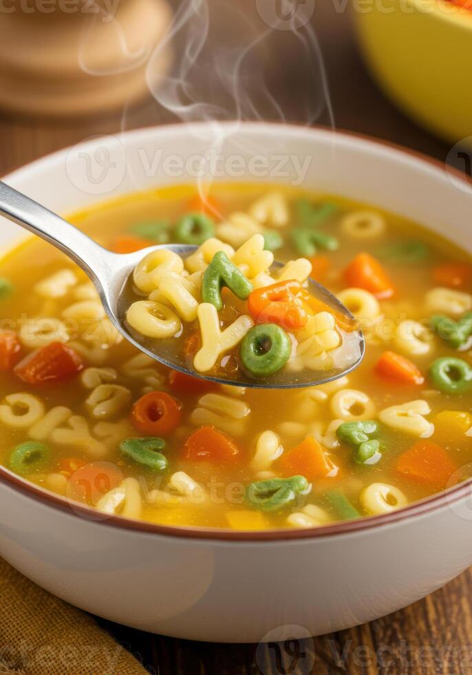 A delicious and warm bowl of alphabet soup with carrots and letters on a spoon. photo