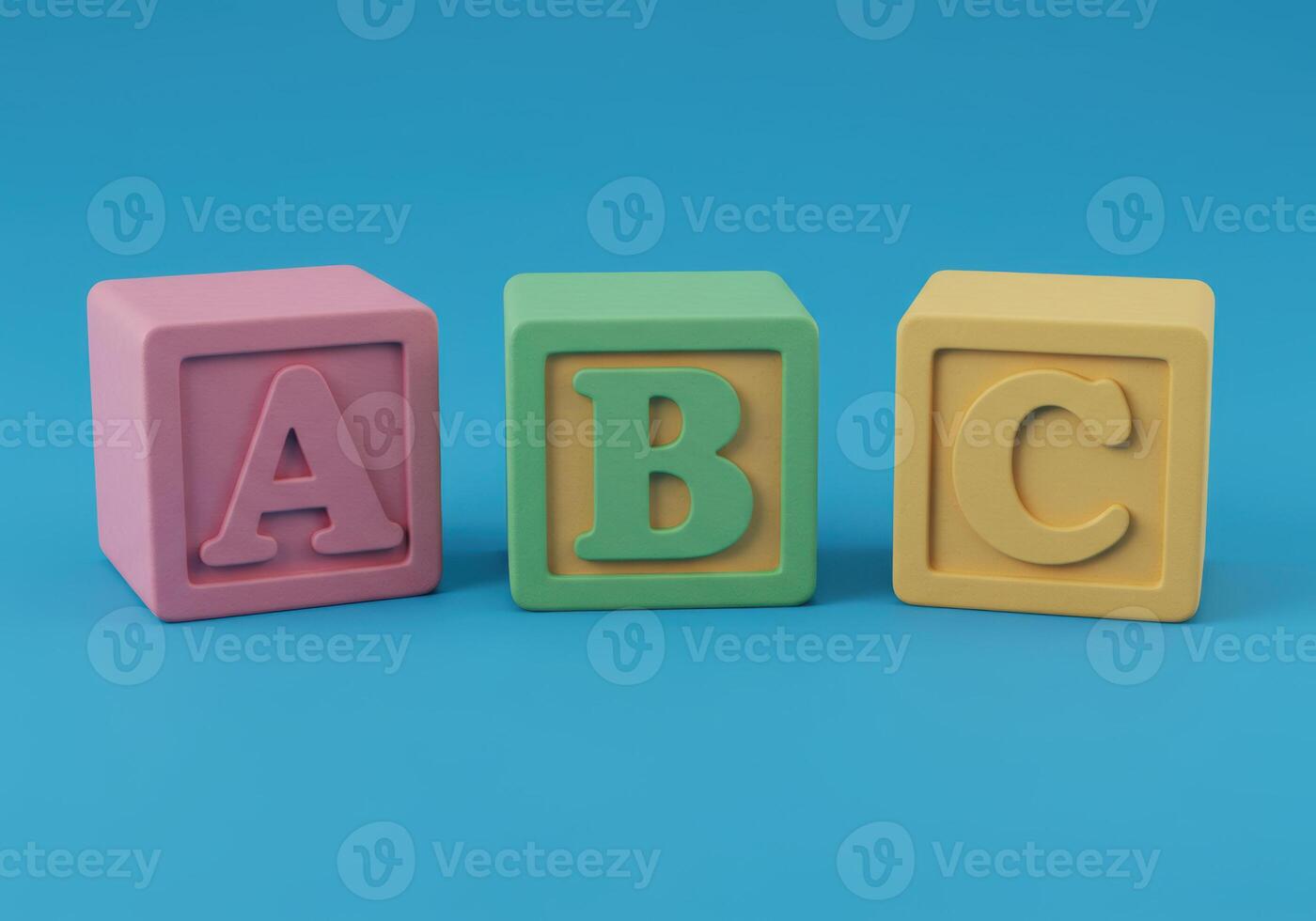 Three vibrant alphabet blocks spelling out the letters a, b, and c, on a solid blue backdrop. photo