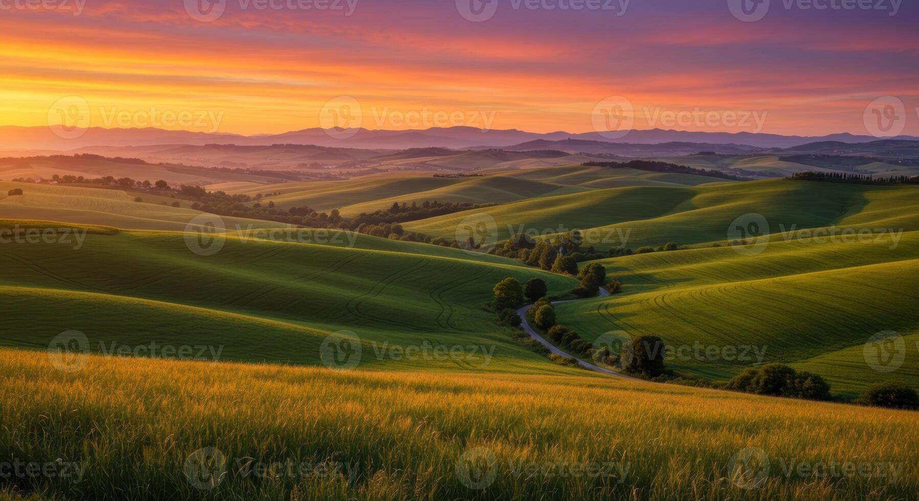 Panoramic view of rolling green hills bathed in the warm glow of a setting sun. photo