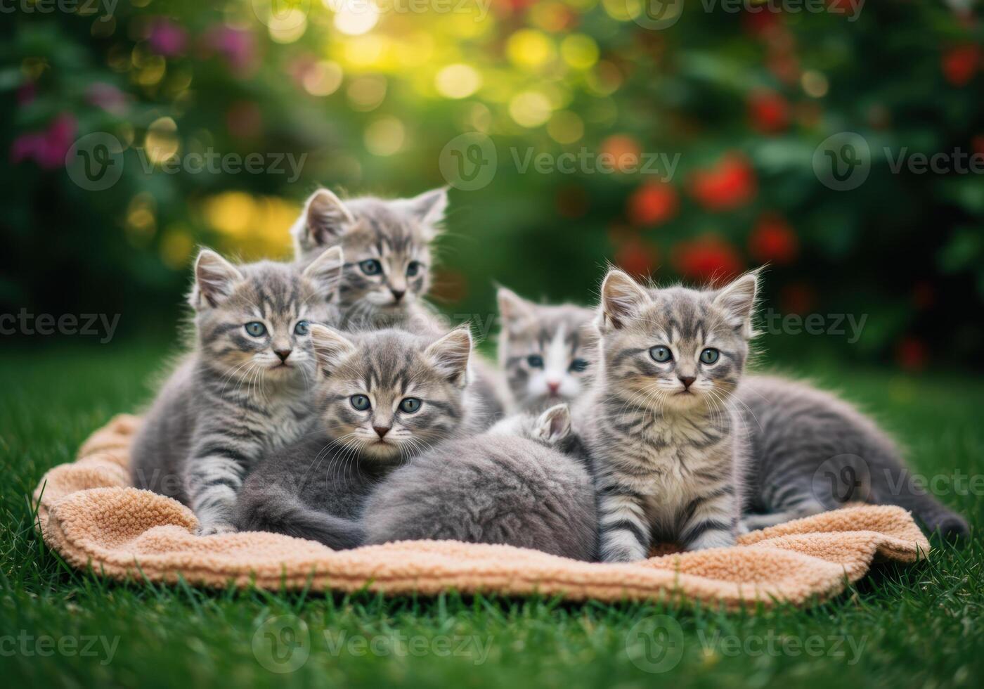 A delightful gathering of adorable kittens relaxing in a sunny outdoor setting. photo