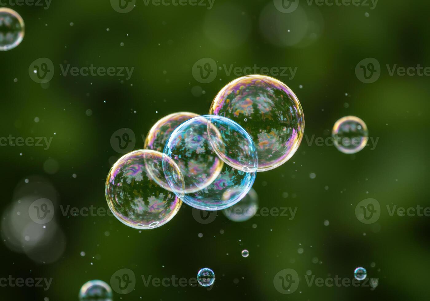 Close up of a group of shimmering soap bubbles against a soft green blurred background. photo