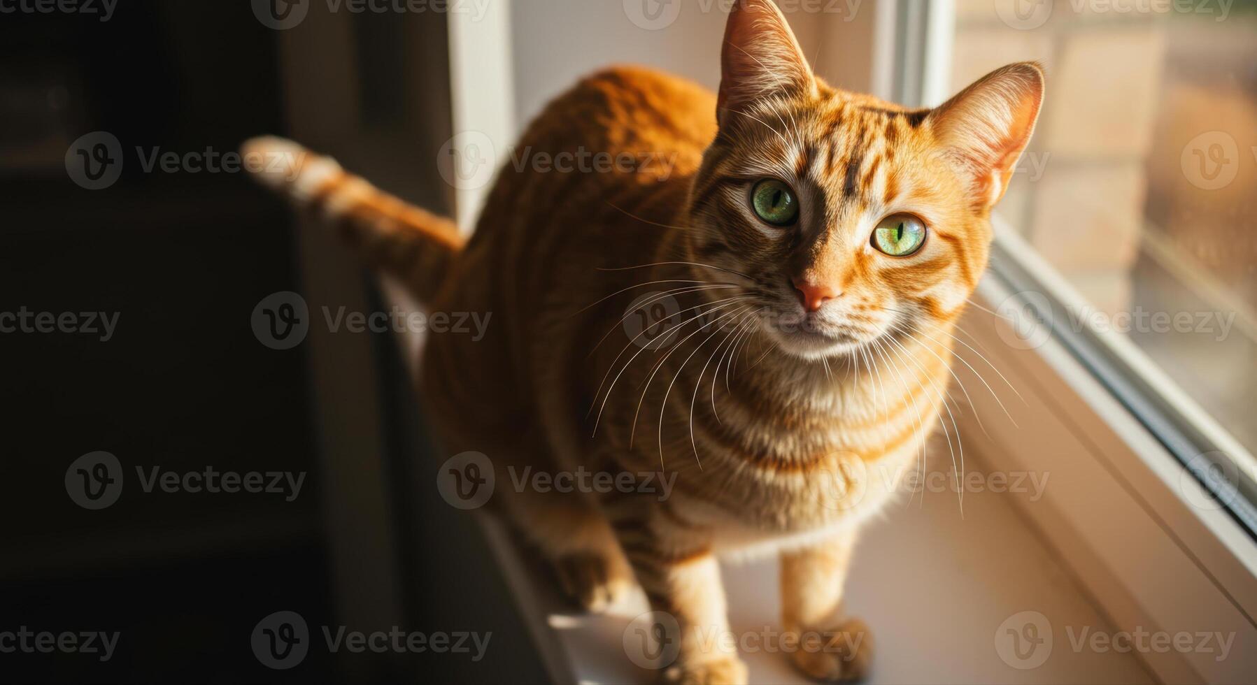 A curious ginger cat with bright green eyes observes its surroundings from a windowsill. photo