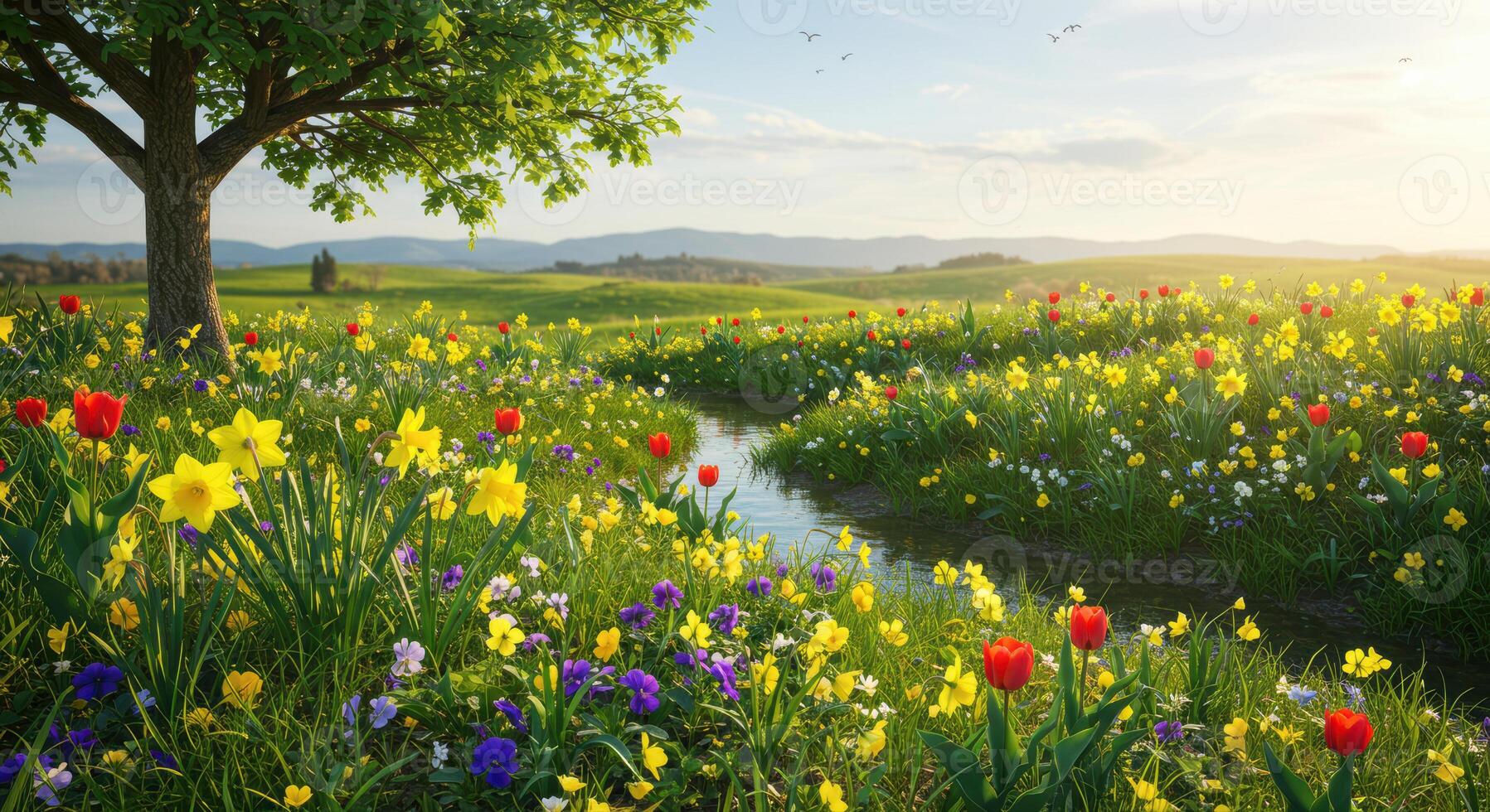 A picturesque meadow filled with colorful wildflowers and a gentle flowing stream under a bright sky. photo