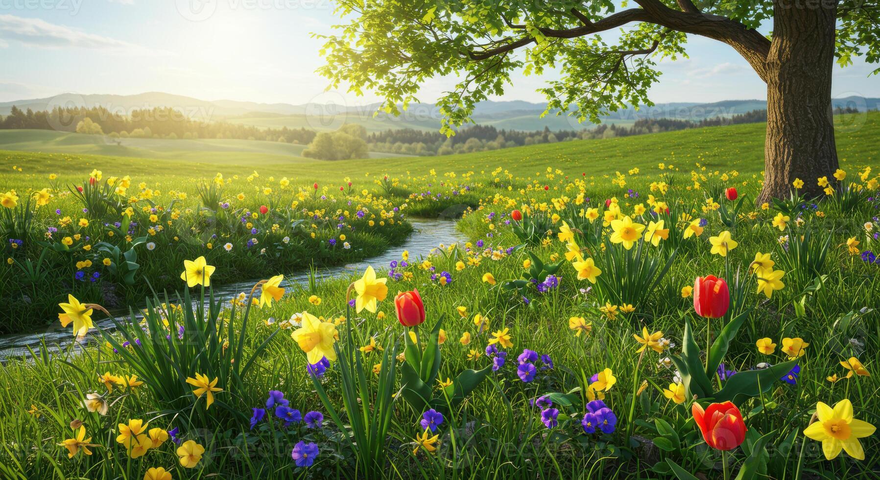 A picturesque scene of a meadow filled with colorful flowers and a flowing stream. photo