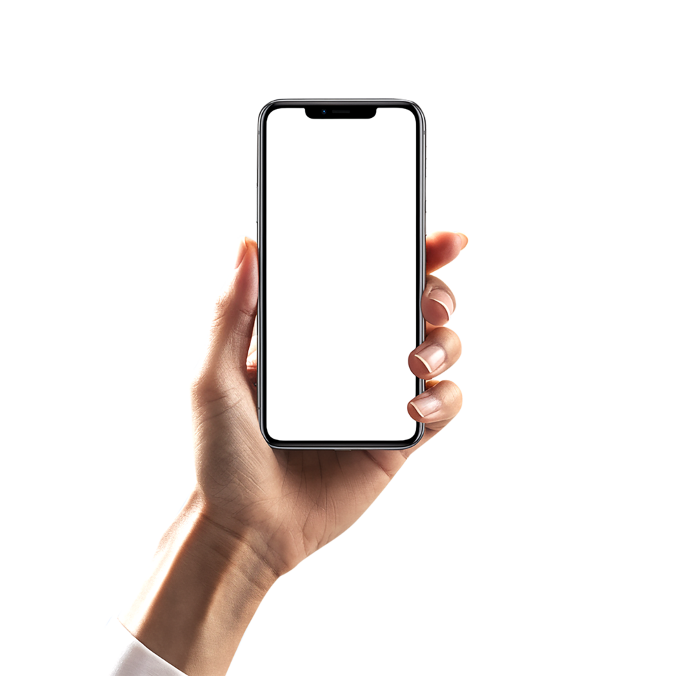 Hand holding smartphone mockup template with blank white screen for app presentation png