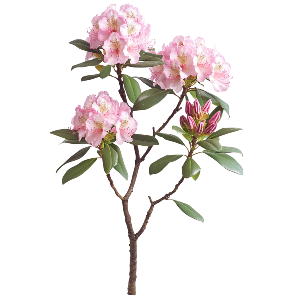 Pink Rhododendron Blossoms with Buds and Leaves png