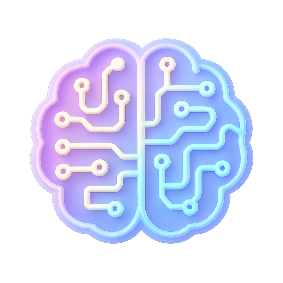Icon, A brain with circuit patterns, pastel colors, soft lighting, on a transparent background png