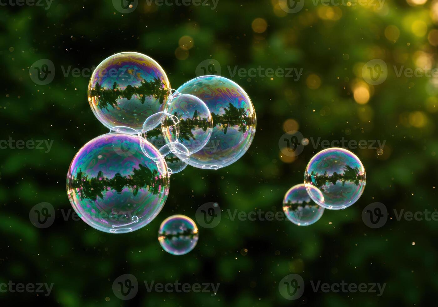 A captivating scene of multiple soap bubbles shimmering with a spectrum of colors against a green backdrop. photo