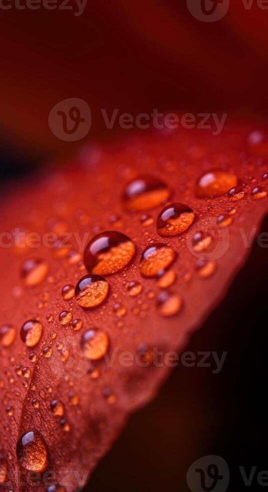 Exquisite macro shot of water droplets resting on a vibrant red leaf, showcasing intricate details. photo