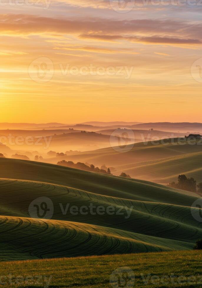 An amazing view of rolling green hills at sunset with a stunning golden sky. photo