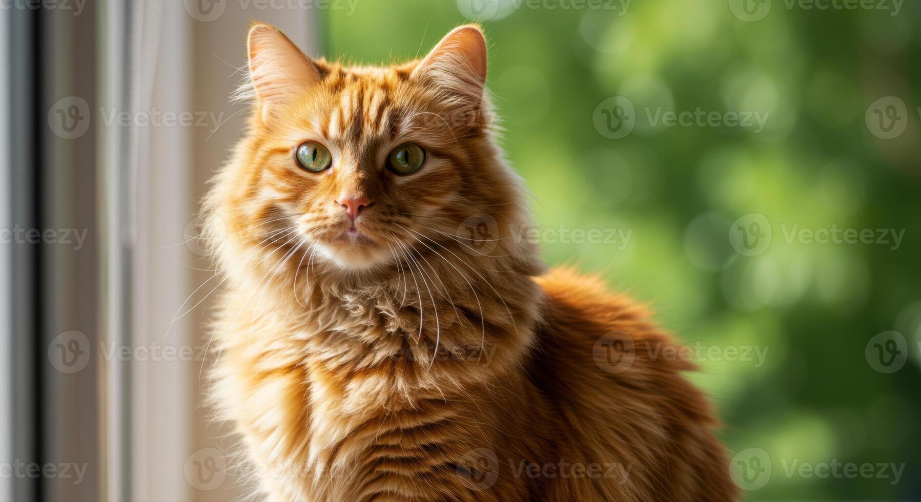 A stunning orange cat with striking green eyes gazes intently at the camera. photo