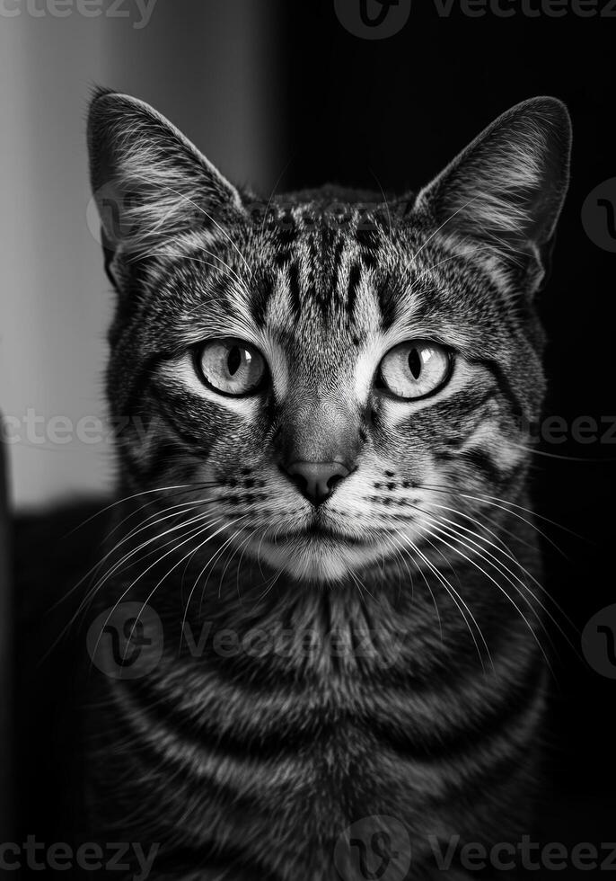 A beautiful black and white portrait features the captivating gaze of a tabby cat's face. photo