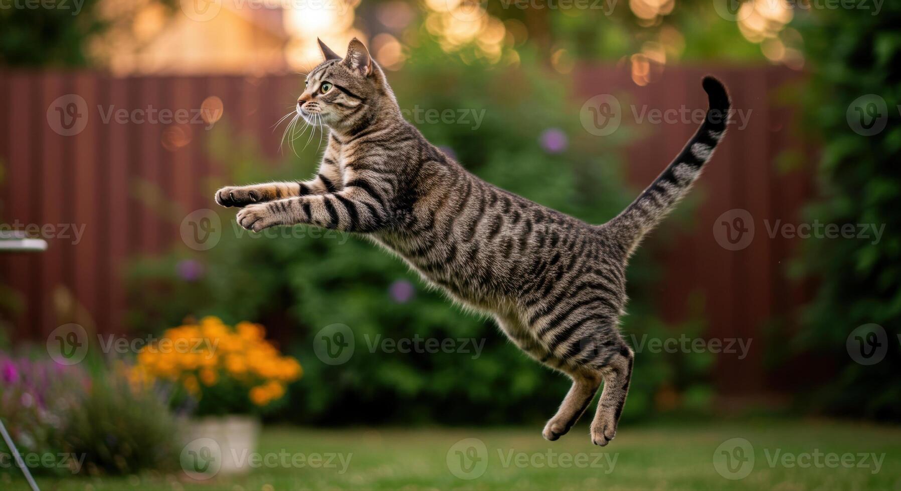 A striking shot of a tabby cat captured in a joyful leap in the outdoor garden. photo