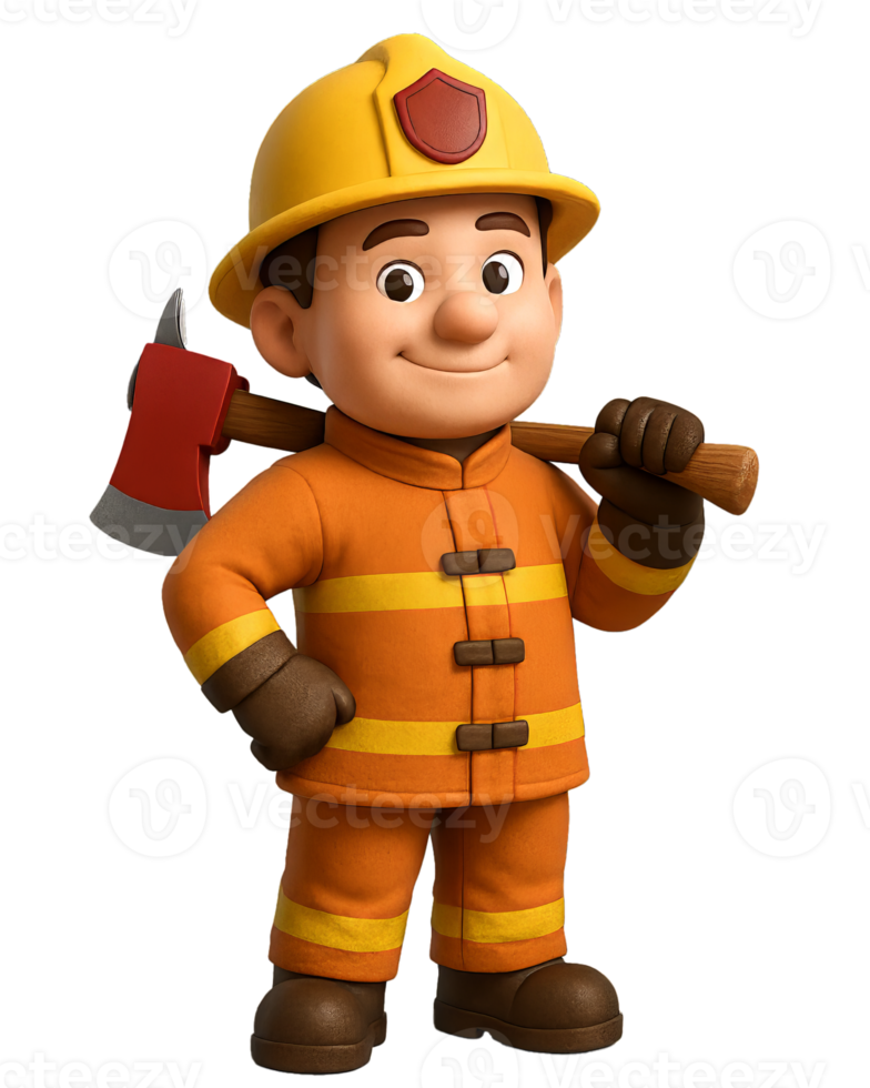 A 3D animated firefighter standing proudly with an axe on their shoulder, isolated on a transparent background png