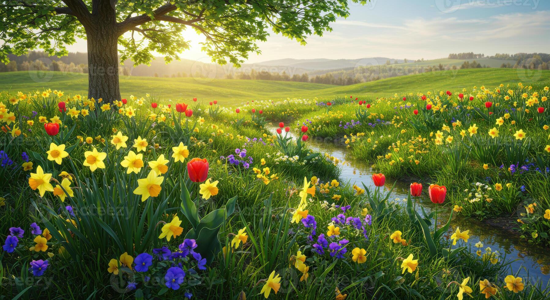 A beautiful spring scene unfolds with vibrant flowers and a winding stream through a green field. photo