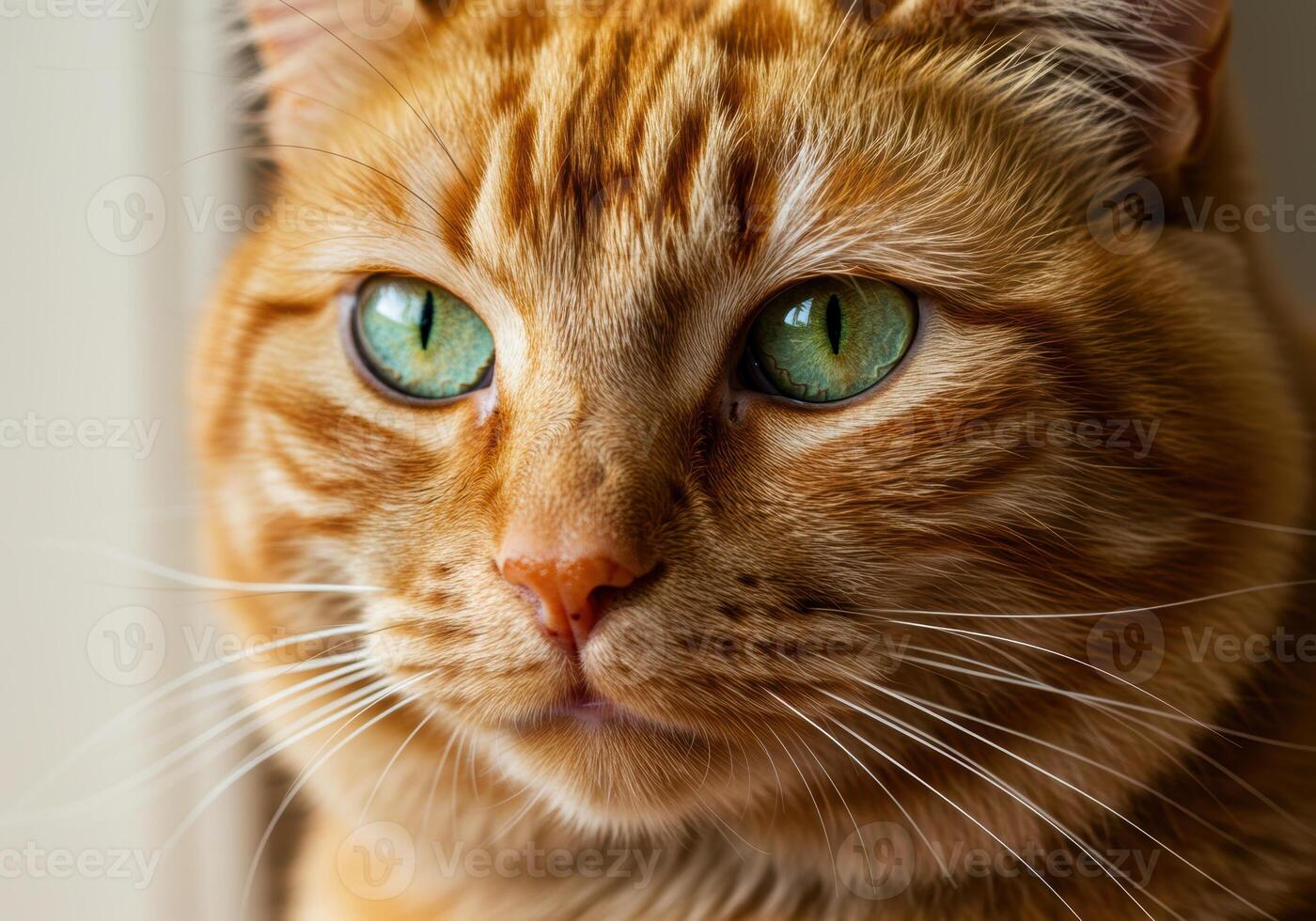 Close up portrait of a beautiful orange cat with striking green eyes photo