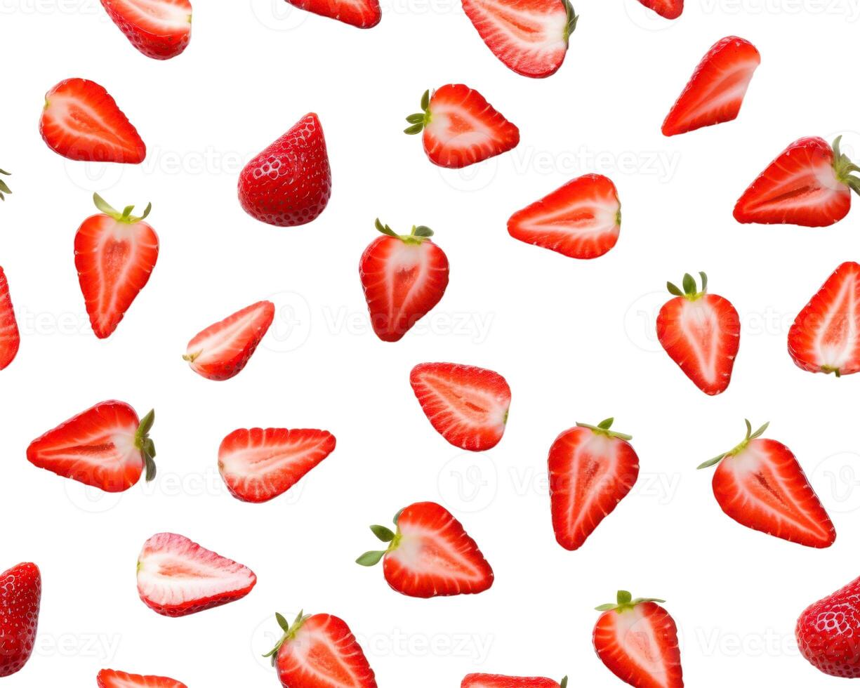 A bunch of strawberries are scattered on a white background photo