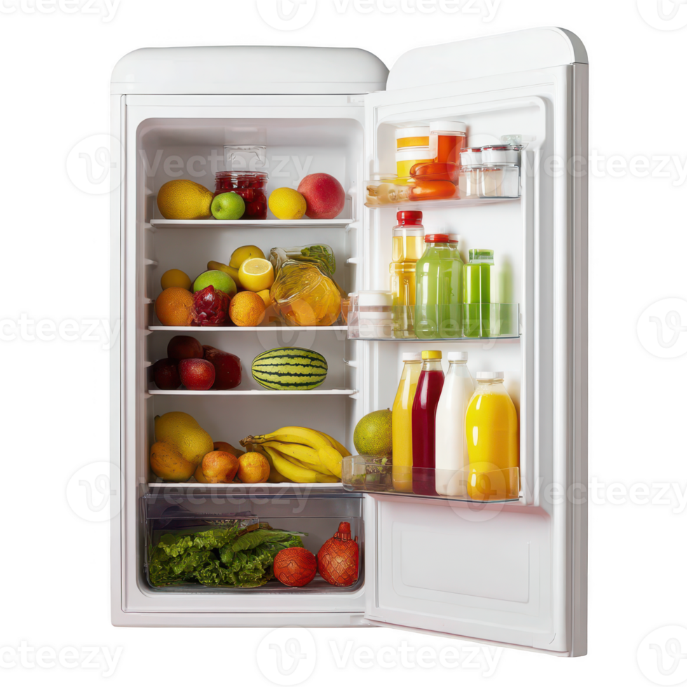Open fridge filled with food items on transparent background png