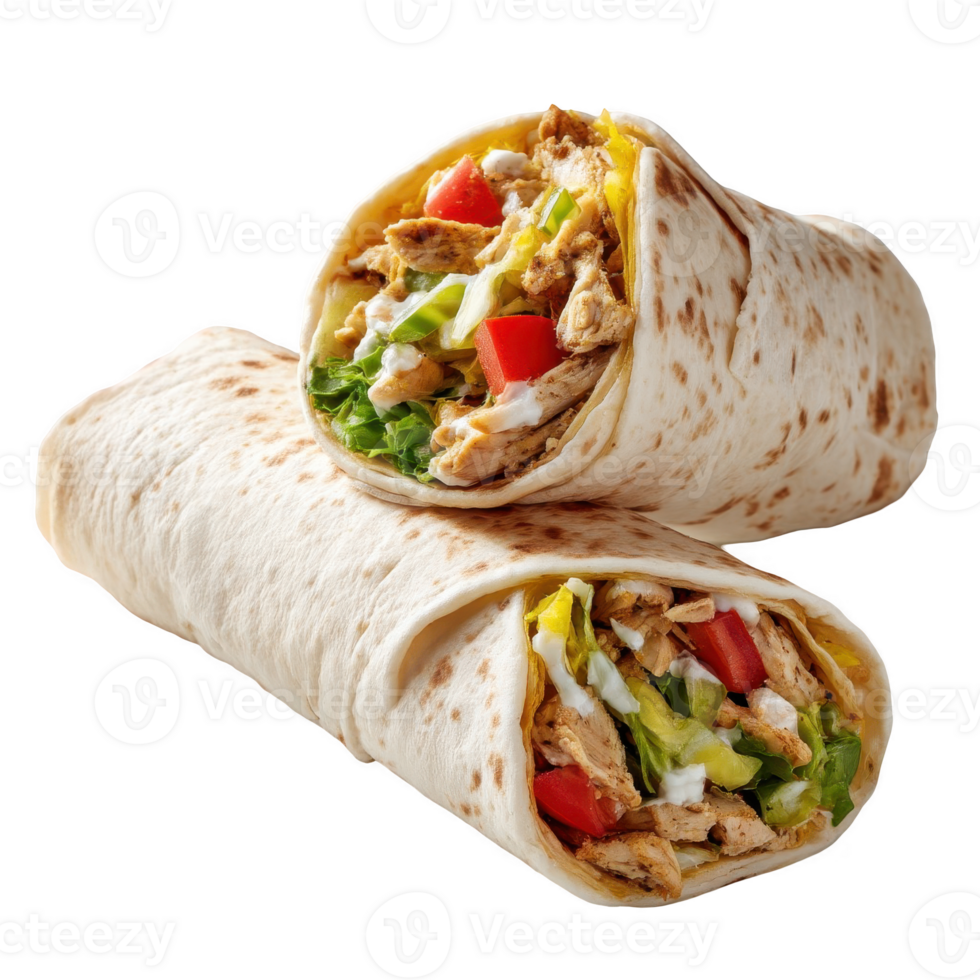 Two wraps filled with salad on transparent background png