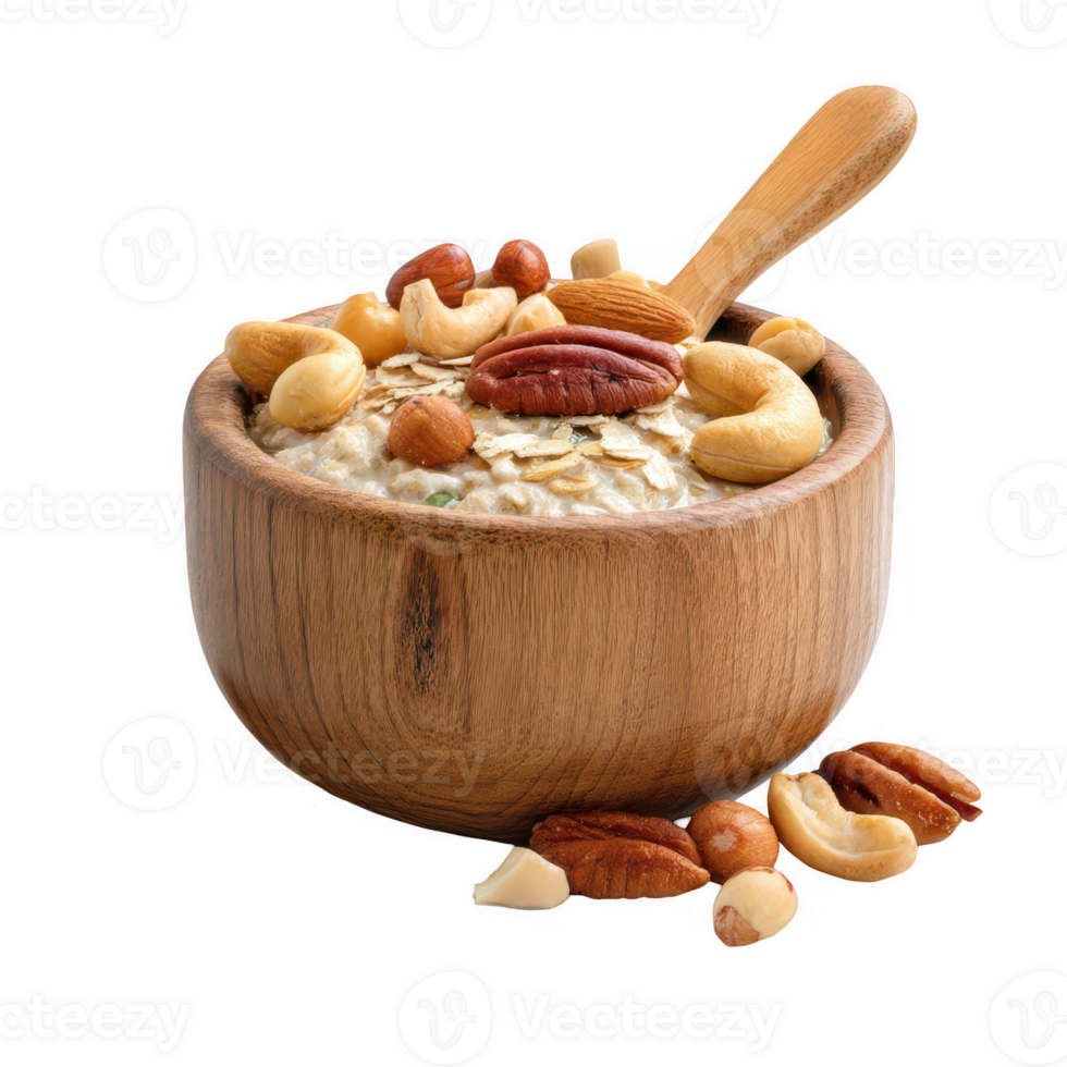 Bowl of cereal with nuts and spoon on transparent background png