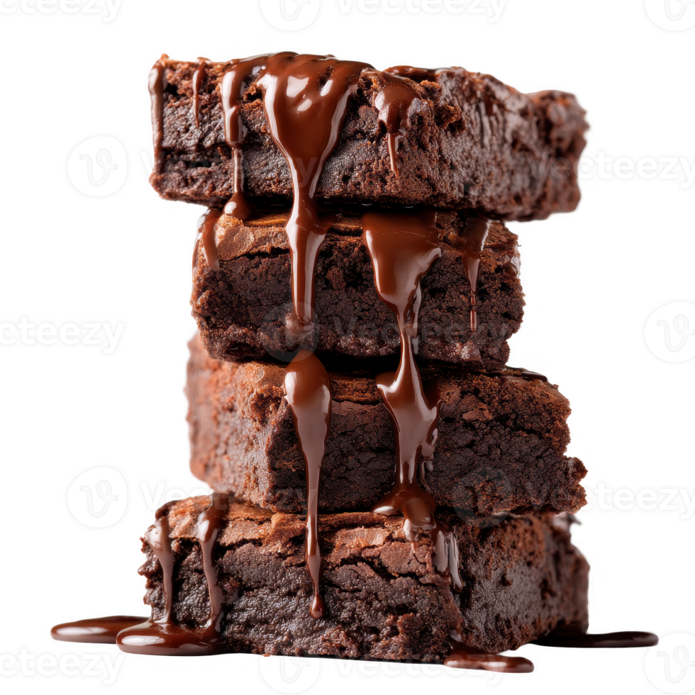 Stacked brownies with chocolate drizzle on transparent background png