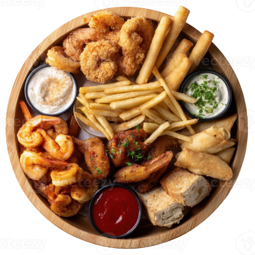 Fried platter with dips and fries on transparent background png
