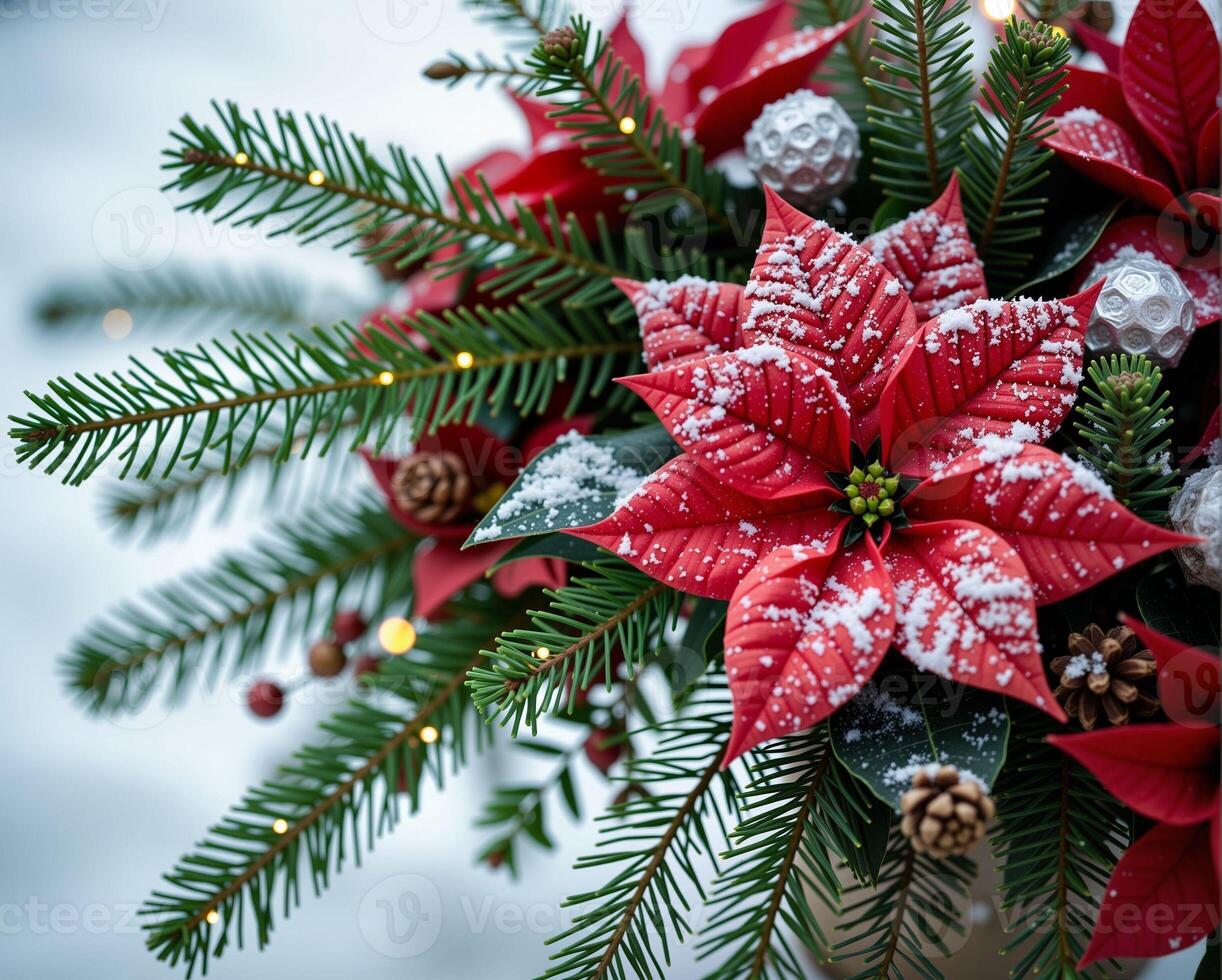 Vibrant Red Poinsettia with Snow and Pine in Festive Arrangement photo