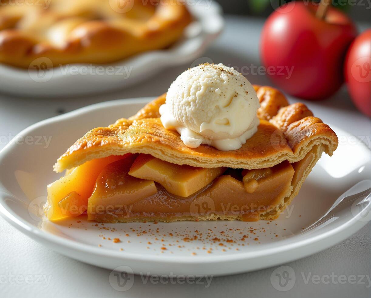 Delicious slice of apple pie with creamy vanilla ice cream topping photo