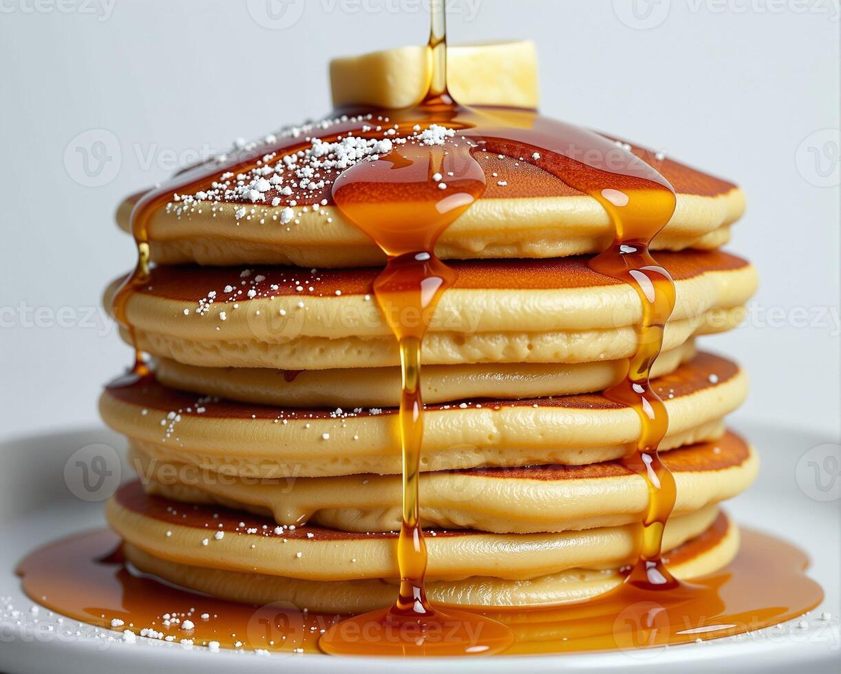 Fluffy Pancakes Stacked High with Maple Syrup and Butter Drizzle photo